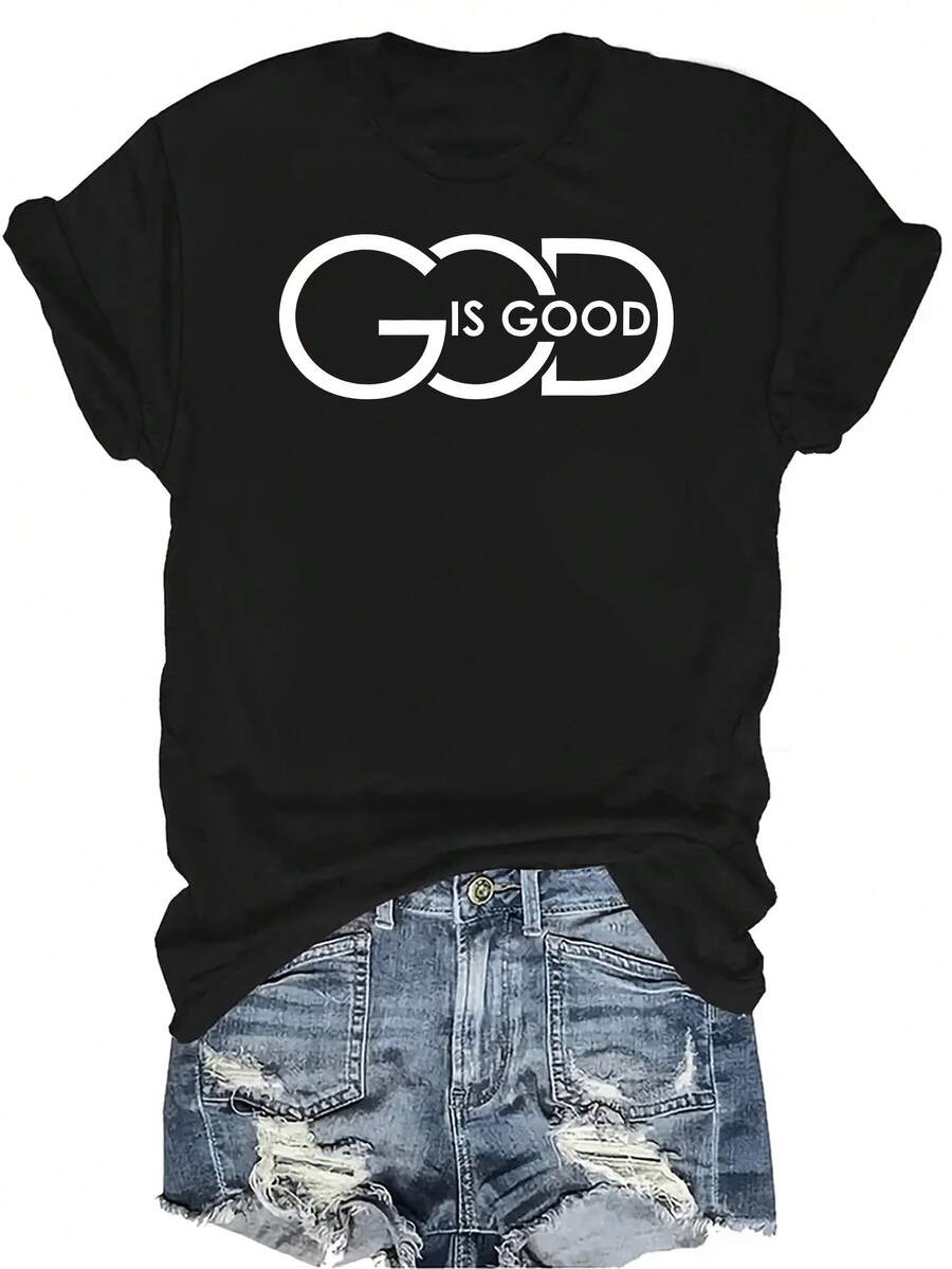 Camiseta "Dios es bueno" para mujer y unisex, de verano, casual, transpirable, con personalidad, cuello redondo, manga corta, ropa de calle, versátil, adecuada para adolescentes y adultos - Negro - Ver 1