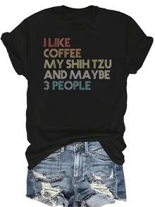 Me gusta el café, el Shih Tzu y tal vez 3 personas. Camiseta para amantes de perros y mascotas, para mujeres y unisex, de verano, casual, transpirable, con personalidad, cuello redondo, manga corta, ropa de calle, versátil, adecuada para adolescentes y adultos - Negro - Ver 1