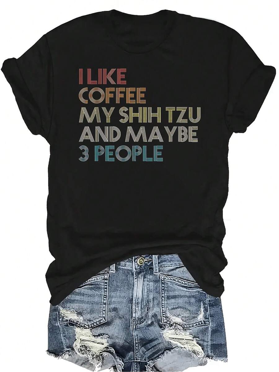 Me gusta el café, el Shih Tzu y tal vez 3 personas. Camiseta para amantes de perros y mascotas, para mujeres y unisex, de verano, casual, transpirable, con personalidad, cuello redondo, manga corta, ropa de calle, versátil, adecuada para adolescentes y adultos - Negro - Ver 1