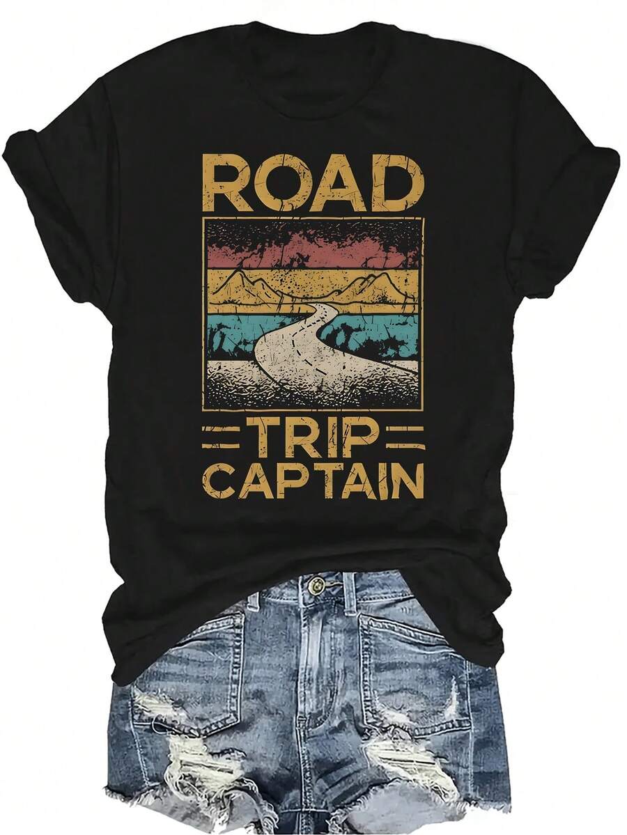 Camiseta de capitán de viaje por carretera para mujer y unisex, de verano, casual, transpirable, con personalidad, de cuello redondo, de manga corta, de uso versátil, adecuada para adolescentes y adultos - Negro - Ver 1