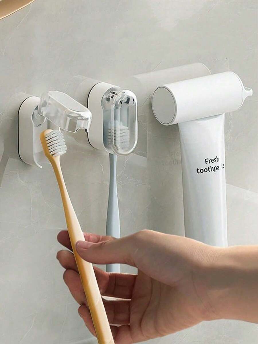 1pc Toothbrush Holder, Wall-Mounted Minimalist Dustproof Toothbrush Hanger Without Drilling, With Automatic Closing Cover - Multicolor - View 1