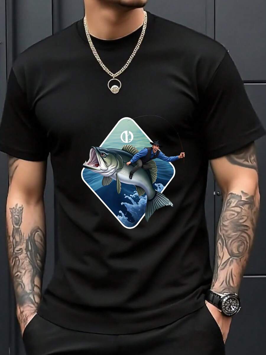 Men's Cool Casual Graphic Tees Funny Dad Papa Boys Fishing T-Shirts Black White Options Oversized Crewneck Cotton Summer Top Short Sleeve Man Riding Fish With Rod And Reel Humorous Graphic T-Shirts For Him Plus Size S-3XL Premium Quality Unique Graphic Tees,Fall Shirts Birthday Gift For Men Father
Black - 黑色 - 查看 1