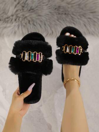 2025 New Arrival Women's Faux Fur Bling-Bling Bow & Rhinestone Decor Open Toe Comfortable Indoor Slippers, Sexy & Stylish, Suitable For Spring, Summer, Autumn, Winter