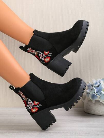 Women's Chunky Ankle Chelsea Boots, Elastic Boots With Thick Heel, Casual Boots, Women's Shoes, New Fashion Chunky Heel Sexy Women's Ankle Boots, Women's Ankle Boots, Suitable For Vacation, Bohemian Style, Retro American Style, Bohemian Style, Western Style, Music Festival, Party, Christmas, Halloween, New Women's Short Velvet Zipper Ankle Boots For Autumn/Winter, Thick Sole Round Toe Elastic Fashion Ankle Boots, Women's Boots, Platform Heels For Women