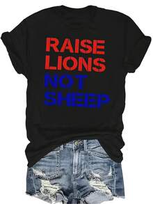 Camiseta "Cría leones, no ovejas" para mujer y unisex, de verano, casual, transpirable, con personalidad, cuello redondo, manga corta, ropa de calle, versátil, adecuada para adolescentes y adultos - Negro - Ver 1