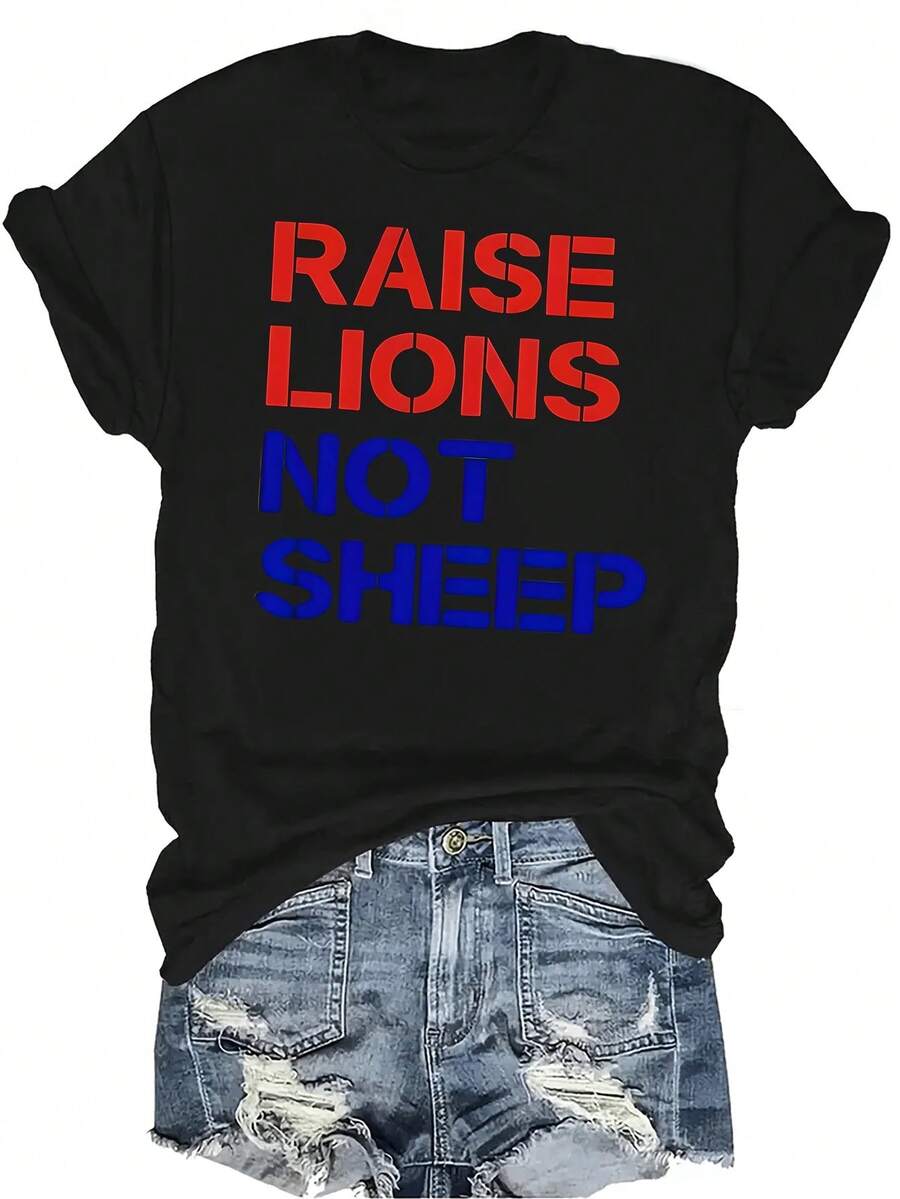 Camiseta "Cría leones, no ovejas" para mujer y unisex, de verano, casual, transpirable, con personalidad, cuello redondo, manga corta, ropa de calle, versátil, adecuada para adolescentes y adultos - Negro - Ver 1