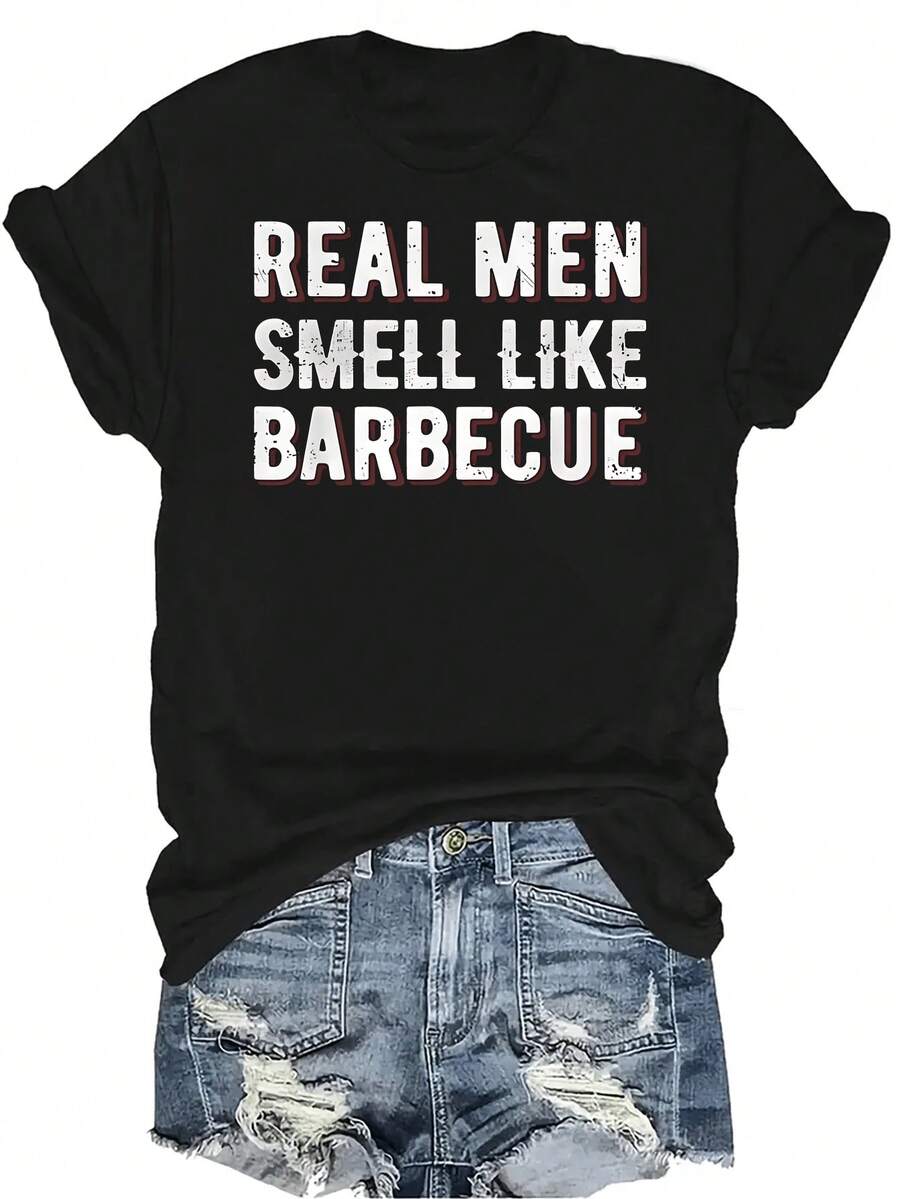 Camiseta "Los hombres de verdad huelen a BBQ" para mujer y unisex, de verano, casual, transpirable, con personalidad, cuello redondo, manga corta, ropa de calle, versátil, adecuada para adolescentes y adultos - Negro - Ver 1