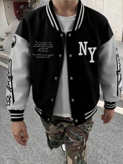 1pc Tween Boys Casual Workout Vintage Solid Color Fleece Hooded Varsity Jacket With Printed Decor, Spring/Autumn/Winter