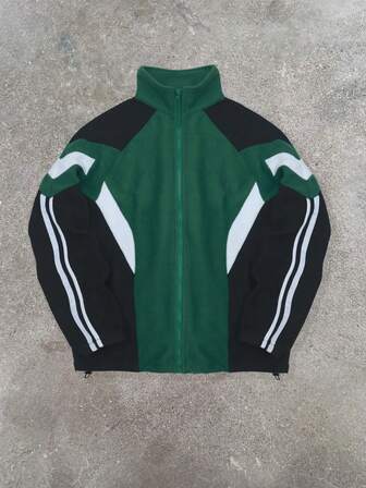 Chaqueta exterior para hombres, chaqueta de forro polar con parches de color contrastante, chaqueta de invierno con bolsillos con cremallera, ropa elegante de estilo universitario casual para hombres