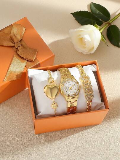 3 件套全新时尚百搭八角形女士模拟石英手表，带条形刻度 + 心形链手链套装，适合日常佩戴、万圣节、感恩节和其他节日礼物