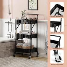 3 Tier Foldable Rolling Cart With Wheels Folding Utility Cart Organizer Collapsible Rolling Storage Cart With 3 Hanging Cups 6 Hooks For Kitchen Office Nursery Black - 黑色 - 查看 6
