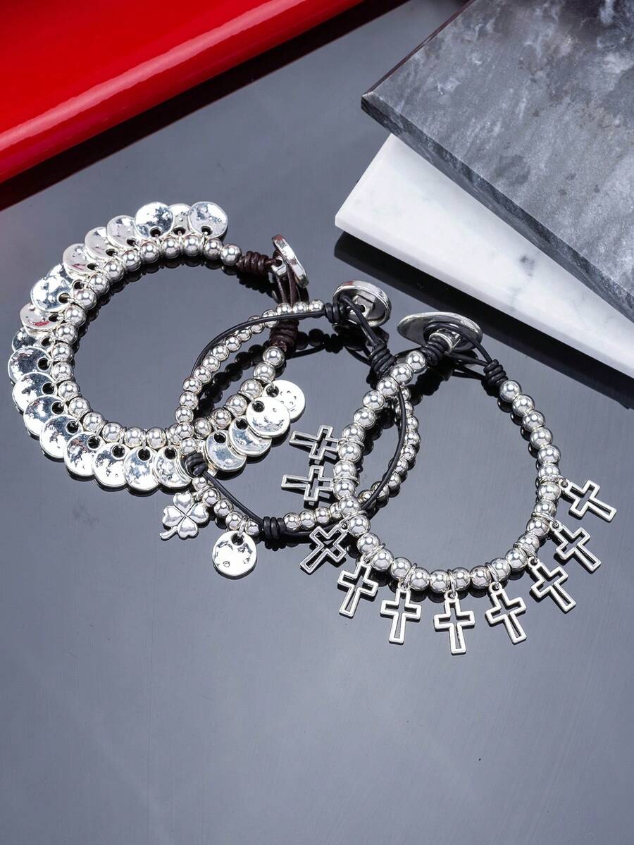 1PC New Simple And Fashionable Street Y2K Asymmetric Cross Clover Round Tassel Braided Bead Bracelet, Suitable For Men And Women's Daily Matching, Suitable For Party And Birthday Gifts Autumn/Winter Halloween