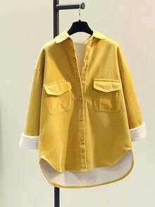 Women's Flannel-Lined Shirt Jacket, Solid Color Asymmetrical Hem Blouse With Notch Lapel & Pockets, Cozy Office & Lounge Top For Fall Winter Spring