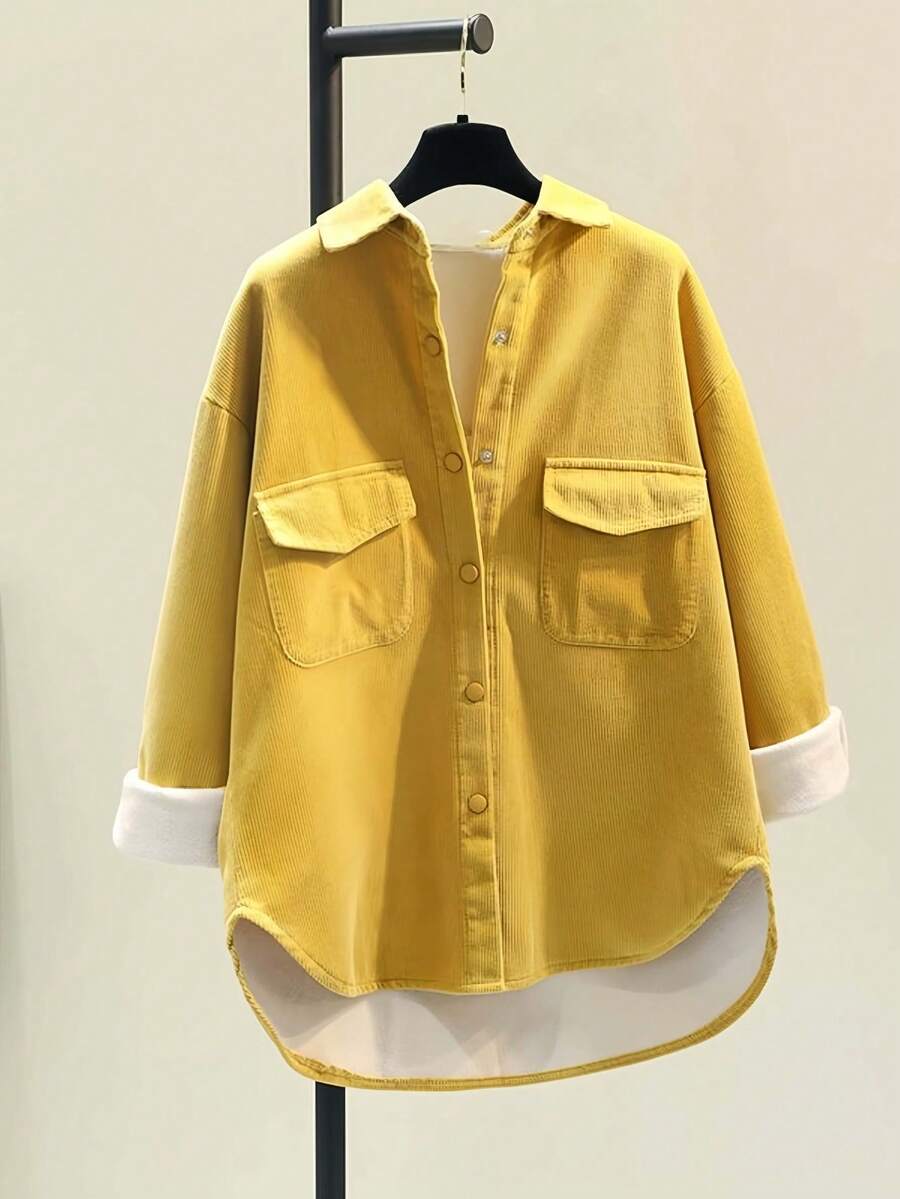 Women's Flannel-Lined Shirt Jacket, Solid Color Asymmetrical Hem Blouse With Notch Lapel & Pockets, Cozy Office & Lounge Top For Fall Winter Spring