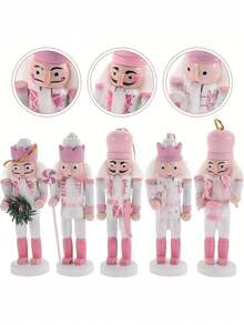 5pcs-13cm/5.11in Pink Walnut Soldier Pendant Nutcrackers Hanging Ornament Figures - Christmas Mini Wooden King And Soldier Nutcracker Christmas Tree Decorations