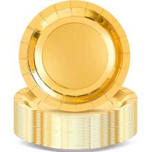 100/50 件金色重型可重复使用盘子 - 优雅的抛光金属边缘，厚纸板材料适合婚礼、生日派对、宴会 - 防溢桌面装饰，易于清洁