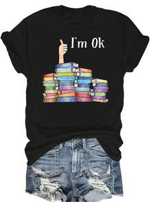Camiseta de lectura para amantes de los libros "Estoy bien, soy un lector, soy un adicto a los libros, bibliotecario" para mujeres y unisex, de verano, casual, transpirable, de personalidad, de cuello redondo, de manga corta, ropa de calle, versátil, adecuada para adolescentes y adultos - Negro - Ver 1