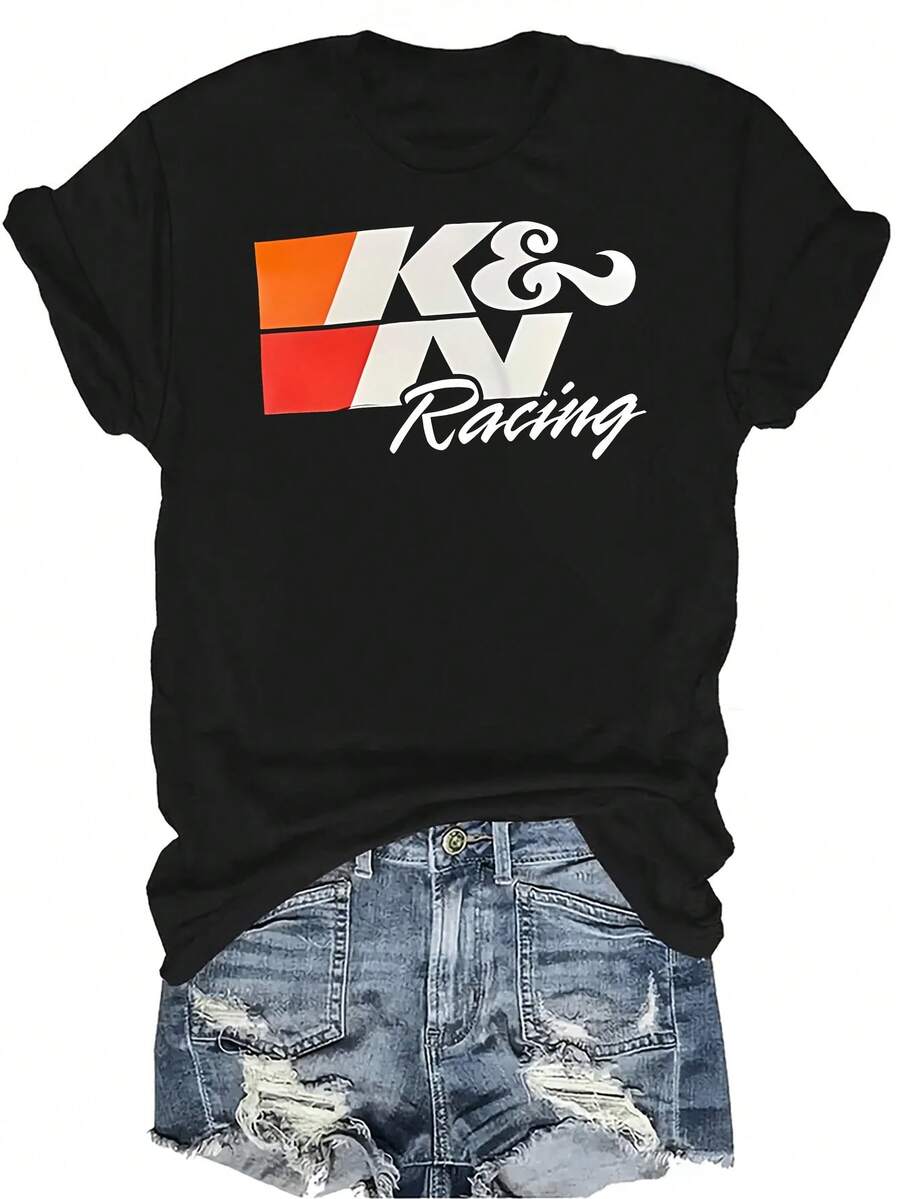 Camiseta de carreras para mujer, unisex, de verano, casual, transpirable, con personalidad, cuello redondo, manga corta, camiseta de streetwear versátil, adecuada para adolescentes y adultos - Negro - Ver 1