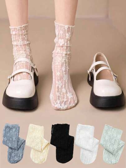 5 Pairs Socks Woman Summer Thin Floral Black White Lace Lolita Cute Stockings Women Lingerie Middle Tube Socks For Women