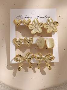 1/5 Paar modische goldene Blumen-, Herz-, Schleifen- und Diamant-förmige Ohrringe Set, geeignet für den täglichen Gebrauch von Frauen - Gold - Übersicht 9