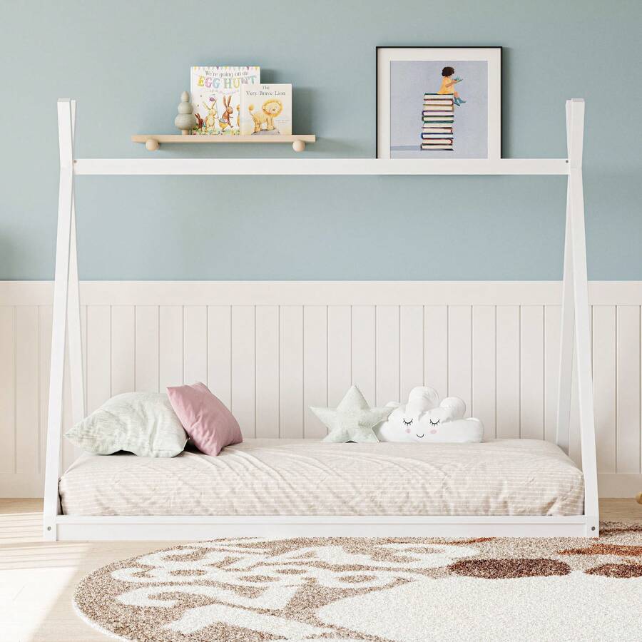 TWINSIZE CHILDREN'S WOODEN TENT BED, MONTESSORI-STYLE LOW-FLOOR BED, HOUSE-SHAPED TENT BED FRAME, SUITABLE FOR BOYS, GIRLS, AND TEENS, NO SLATS, NATURAL COLOR