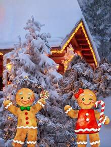 2件套户外圣诞装饰品，姜饼男孩和女孩塑料庭院插牌，姜饼屋圣诞庭院插牌，16英寸简约冬季标志，适用于草坪、花园、前门、农舍门廊等。圣诞节假日小径花园露台派对礼物 - 彩色 - 查看 4