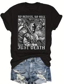 Camiseta de calavera misteriosa para mujer y unisex, de verano, casual, transpirable, de personalidad, de cuello redondo, de manga corta, de uso versátil, adecuada para adolescentes y adultos - Negro - Ver 1
