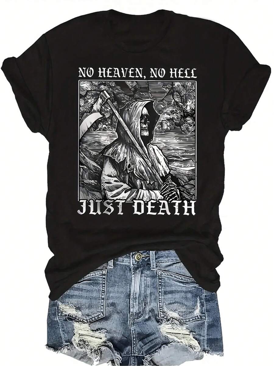 Camiseta de calavera misteriosa para mujer y unisex, de verano, casual, transpirable, de personalidad, de cuello redondo, de manga corta, de uso versátil, adecuada para adolescentes y adultos - Negro - Ver 1