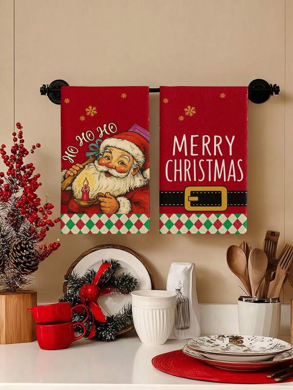 2pcs/4pcs/12pcs Christmas Santa Claus Pattern Kitchen Towels, Christmas Red Festive Pattern Bathroom Towels, Christmas Outdoor Party Towels, Christmas Home Decor, Christmas Kitchen Decor, Modern Style, Quick Drying, Super Soft Microfiber Material, Rectangular, 15.75IN*23.62IN/40*60CM Digital Printing Pattern, Suitable For Outdoor Party Decoration, Christmas Holiday Gifts
