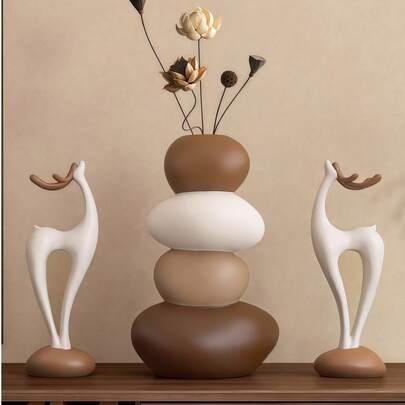 一套树脂鹿雕塑，几何花瓶主题，适用于各种房间类型，是圣诞节、感恩节、新年和一般节日装饰的完美之选，无需电源