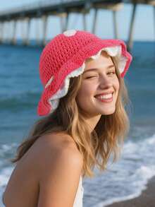 1 件女士手工针织蘑菇帽，可爱小红帽风格，温暖冬季休闲装，节日聚会 - 紅色 - 查看 7