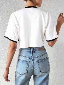 Playera blusa mujer dama manga corta tela Rib Crop con Contraste diseño elegante moderno juvenil casual Frescura y Estilo Urbano - Blanco - Ver 2