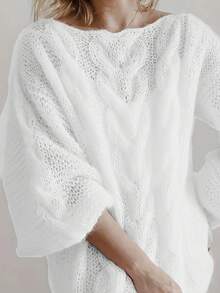 Elegant, Pure, Sweet, Minimalist Casual Plus Size Knitted Pullover Sweater, European Style Long Sleeve Solid Color Crew Neck Cable Knit Plus Size Women Sweater - White - View 4