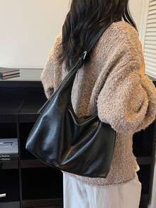 2025 Autumn/Winter New Vintage Shoulder Bag, Crescent Moon Bag, Matte Tote Bag, Large Capacity Crossbody Casual Hobo Bag, Adjustable Shoulder Strap, Crossbody Bag For Women, Versatile Commuter Bag - Black - View 8