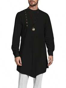 Mens Long Sleeve Robe Gown Casual Cotton Linen Button Muslim Shirt - Negro - Ver 1