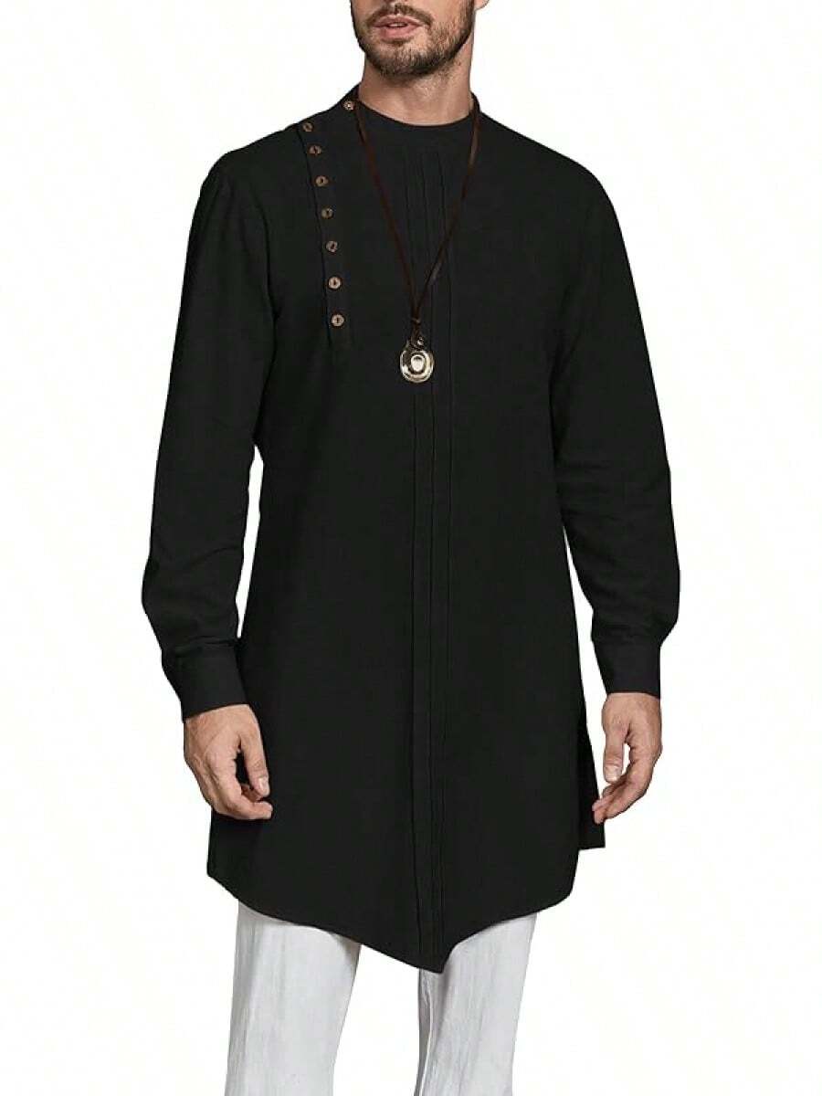 Mens Long Sleeve Robe Gown Casual Cotton Linen Button Muslim Shirt - Negro - Ver 1