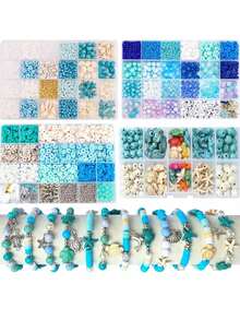 1 Caja Kit de Fabricación de Joyas con Cuentas con Tema Oceánico, Pulsera de Estilo Vacaciones de Verano para la , Conjunto de Cuentas de Arcilla para Pulsera, Collar, Pendientes DIY, Regalo para Vacaciones