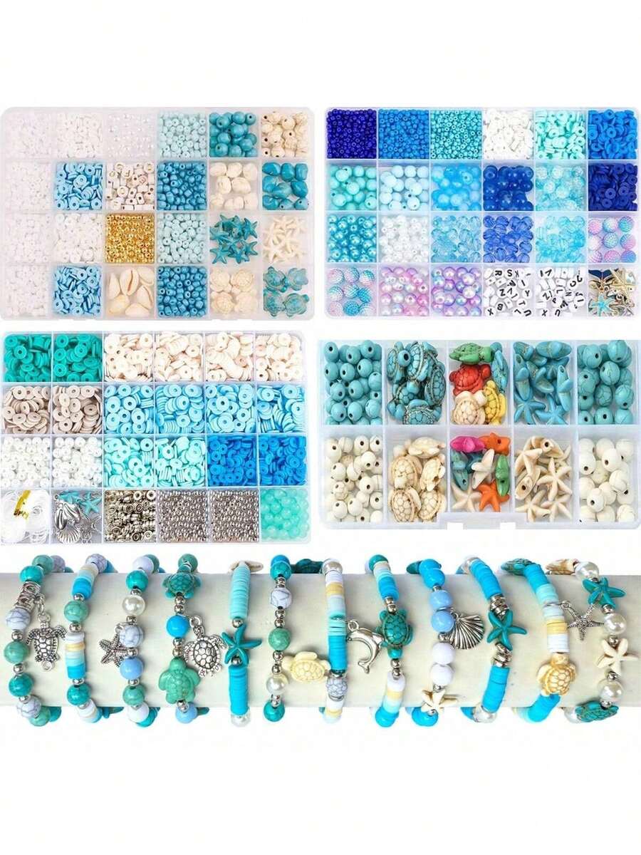 1 Caja Kit de Fabricación de Joyas con Cuentas con Tema Oceánico, Pulsera de Estilo Vacaciones de Verano para la , Conjunto de Cuentas de Arcilla para Pulsera, Collar, Pendientes DIY, Regalo para Vacaciones