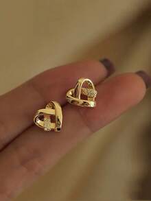 一对十字交叉心形耳环，休闲简约配饰 - 銀色 - 查看 5