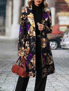 Long-Sleeved Single-Breasted Mid-Length Suit Jacket With Floral Pattern - Màu tím - Xem 3