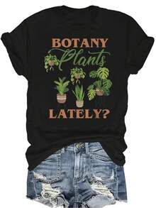 Camiseta divertida con estampado botánico para mujer y unisex, de verano, casual, transpirable y con personalidad. Cuello redondo, manga corta, versátil y adecuada para adolescentes y adultos - Negro - Ver 1
