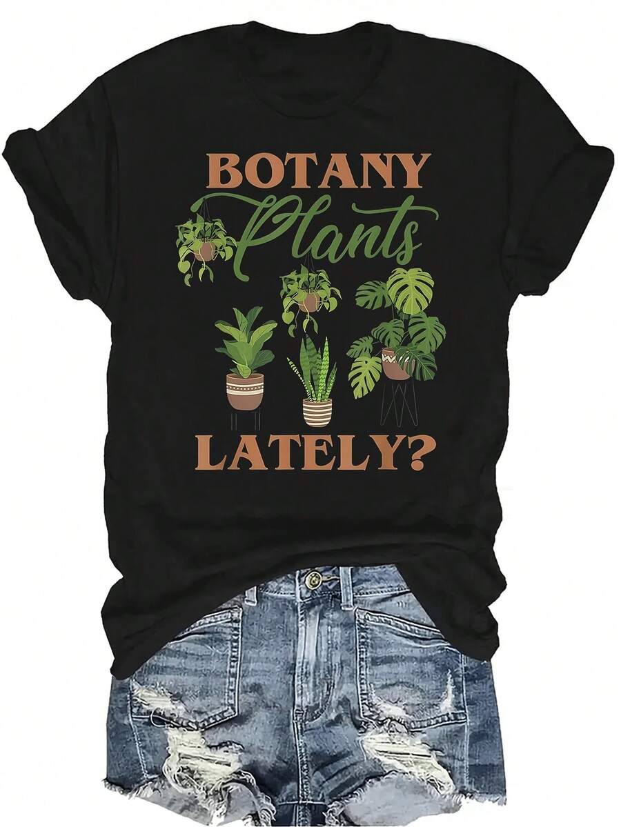 Camiseta divertida con estampado botánico para mujer y unisex, de verano, casual, transpirable y con personalidad. Cuello redondo, manga corta, versátil y adecuada para adolescentes y adultos - Negro - Ver 1