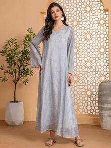 女士优雅雪纺印花长袖V领轻盈飘逸宽松休闲长裙，带衬里，适合日常穿着和度假。 - 灰色 - 查看 3