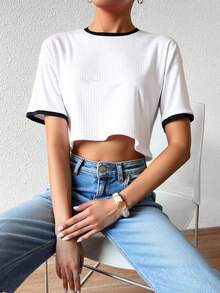 Playera blusa mujer dama manga corta tela Rib Crop con Contraste diseño elegante moderno juvenil casual Frescura y Estilo Urbano - Blanco - Ver 3