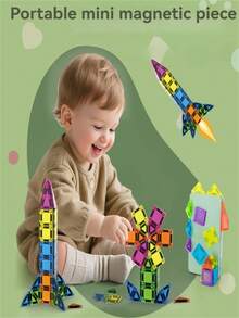 Set de 29 piezas de mini baldosas magnéticas para niños, juguete de construcción STEM DIY con lata de almacenamiento portátil, juguete educativo de construcción magnética para juego interior & exterior, regalo interactivo para padres e hijos para niños y niñas de 3+ años, colores aleatorios - Multicolor - Ver 6