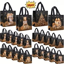 5/10/25 pièces Sacs cadeaux de Noël, sacs cadeaux de Noël noirs élégants avec poignées solides - motifs de feuille d'or de luxe (arbres, flocons de neige) - sacs non tissés convenant pour Noël, Nouvel An, fête, cadeaux de mariage - emballage cadeau et décorations de fête de Noël premium, sacs cadeaux de fête de Noël, sacs de fête durables