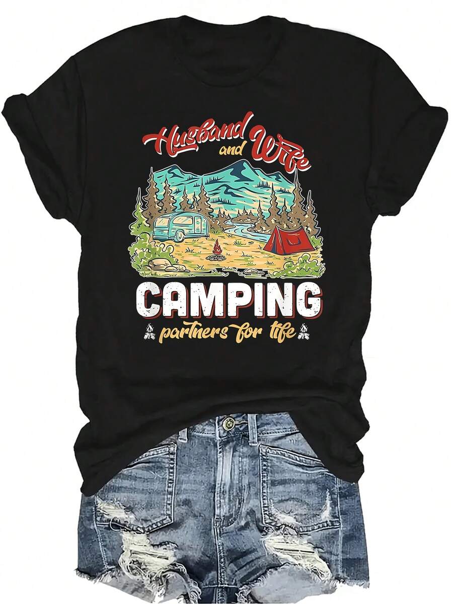 Camiseta para mujer y unisex "Compañeros de campamento de por vida" con cuello redondo, manga corta, transpirable y de estilo casual, adecuada para adolescentes y adultos - Negro - Ver 1