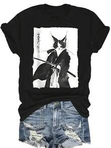 Camiseta con patrones interesantes para mujer y unisex, de verano, casual, transpirable, con cuello redondo, manga corta, estilo urbano y versátil, adecuada para adolescentes y adultos - Negro - Ver 1