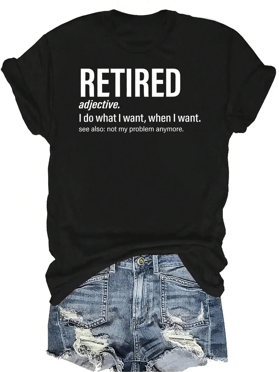 Camiseta de retiro para mujer, unisex, de verano, casual, transpirable, con personalidad, cuello redondo, manga corta, camiseta urbana, versátil, adecuada para adolescentes y adultos - Negro - Ver 1