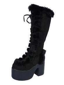 系带毛绒内衬粗跟高筒靴，中筒靴，经典靴，秋季，哥特风厚底冬靴，派对靴